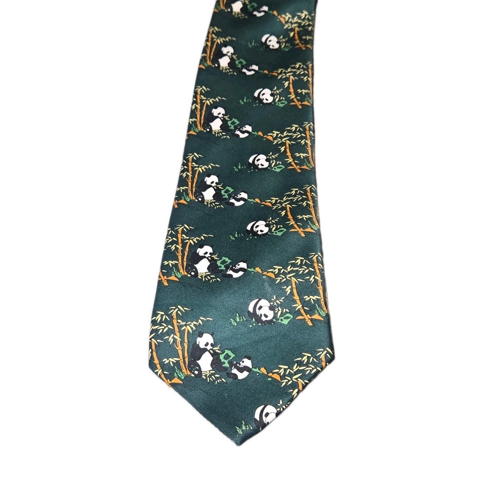 Kai Long Silk Tie Mens Forest Green Novelty Giant Panda Bamboo Woven Handmade